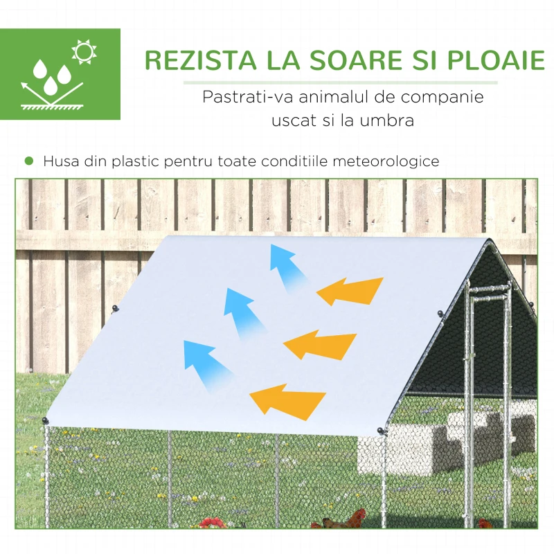 Cotet de gaini in aer liber PawHut cu Cadru Zincat si Plasa Hexagonala, Tarc cu Acoperis din Material Impermeabil pentru Gaini, Rate si Iepuri, 3x2x2m(m-4)