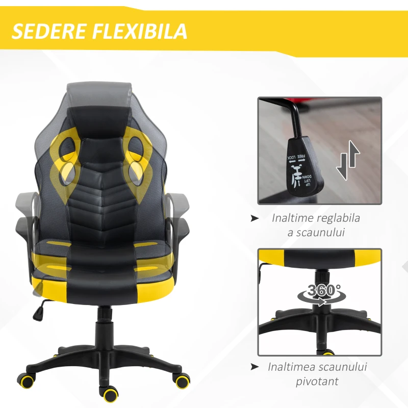 Vinsetto Scaun de Gaming Fotoliu de Birou Rotativ cu Roti din Piele ecologica Negru si galben