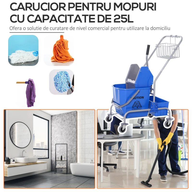 HOMCOM Cărucior Profesional de Curățenie cu Coș Suspendat, Raft și Găleată de 25L cu Storcător, 72x49,5x95 cm, Albastru