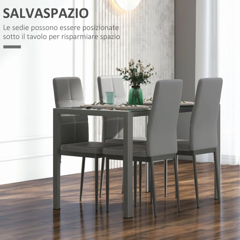 HOMCOM Set da Pranzo 5 Pezzi con 1 Tavolo da Pranzo e 4 Sedie Moderne in Similpelle, Metallo e Vetro Temperato, Grigio