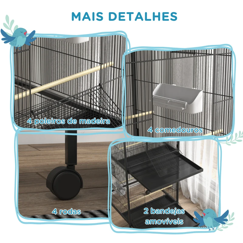 PawHut Gaiola para Pássaros Convertível em Somente Uma com Rodas 4 Comedouros e 4 Poleiros e Bandejas Amovíveis 78x75x168 cm Preto