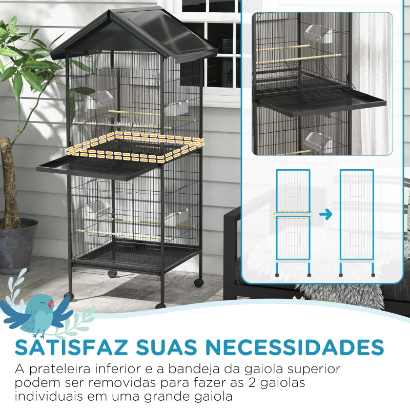 PawHut Gaiola para Pássaros Convertível em Somente Uma com Rodas 4 Comedouros e 4 Poleiros e Bandejas Amovíveis 78x75x168 cm Preto