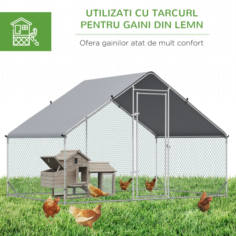 Cotet de gaini in aer liber PawHut cu Cadru Zincat si Plasa Hexagonala, Tarc cu Acoperis din Material Impermeabil pentru Gaini, Rate si Iepuri, 3x2x2m(m-5)