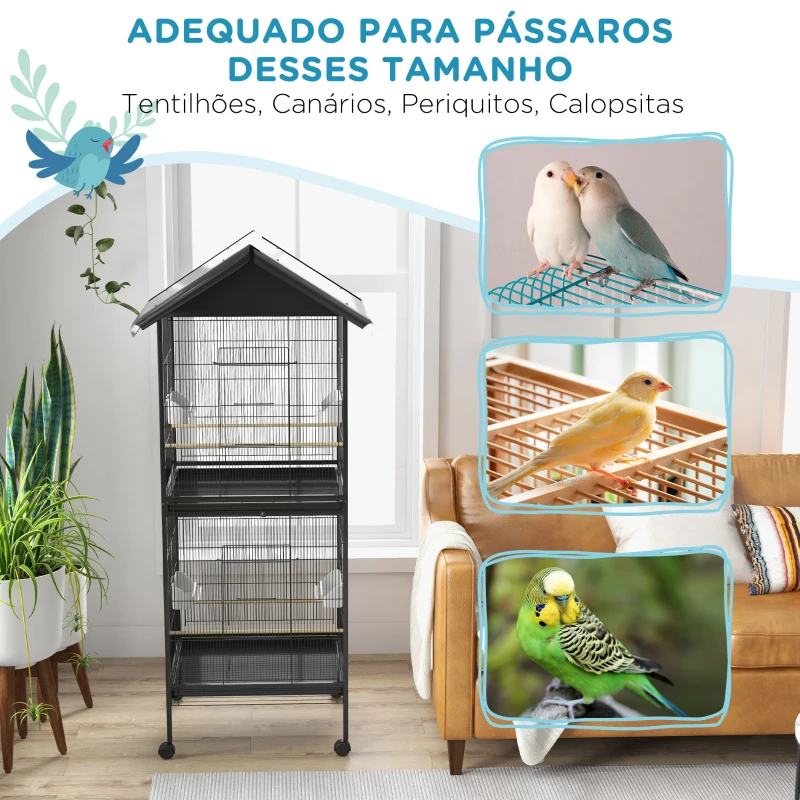 PawHut Gaiola para Pássaros Convertível em Somente Uma com Rodas 4 Comedouros e 4 Poleiros e Bandejas Amovíveis 78x75x168 cm Preto