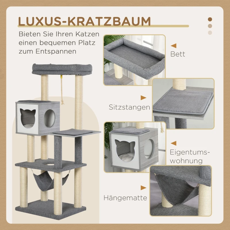 PawHut Kratzbaum groß 155 cm Katzenbaum mit Hängematte Kletterbaum für Katzen Mehrstufiges Katzenkratzbaum mit Katzenkiste, Weichkissen Katzenmöbel Sisal Grau&Weiß