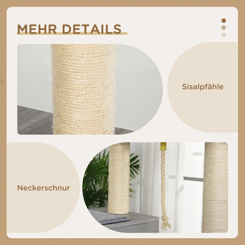 PawHut Kratzbaum groß 155 cm Katzenbaum mit Hängematte Kletterbaum für Katzen Mehrstufiges Katzenkratzbaum mit Katzenkiste, Weichkissen Katzenmöbel Sisal Grau&Weiß