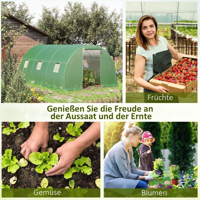 Outsunny Foliengewächshaus begehbares Polytunnel 4,5 x 3 m Gewächshaus mit 6 Fenster Treibhaus Frostschutz Stahlrohr Dunkelgrün