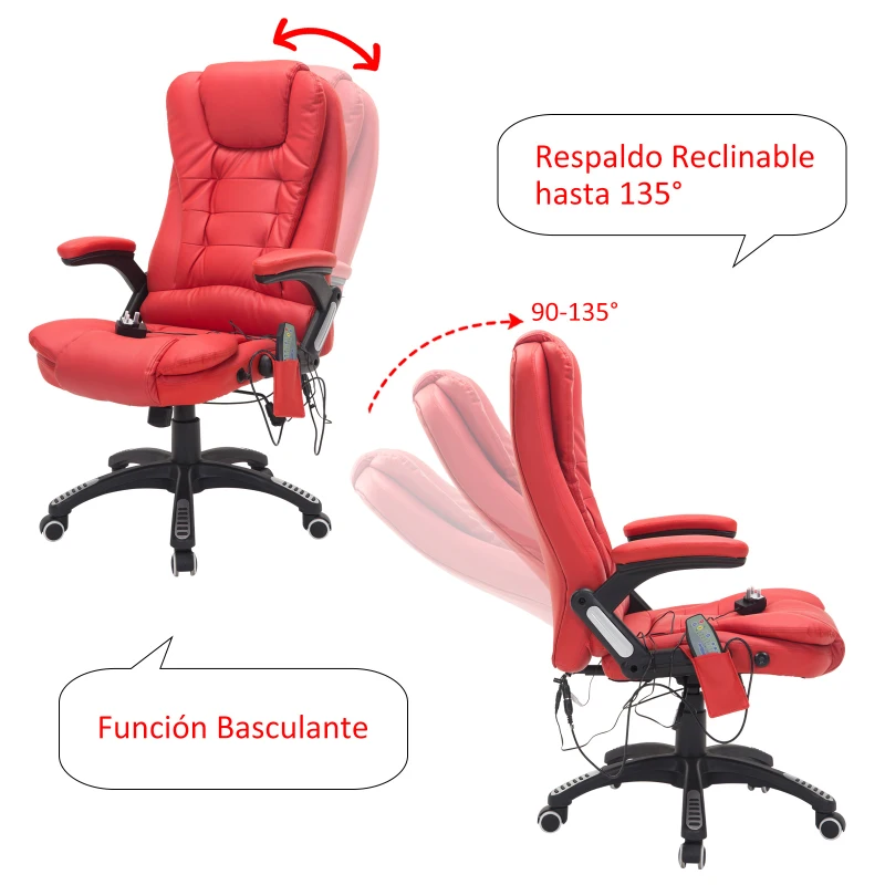 HOMCOM Silla de Oficina y Escritorio Regulable en Altura Reclinable 135° y Función Basculante Con Calefacción y Función Masaje con 5 Programas y 6 Puntos Vibratorios 62x68x111-121cm Hasta 120kg Rojo