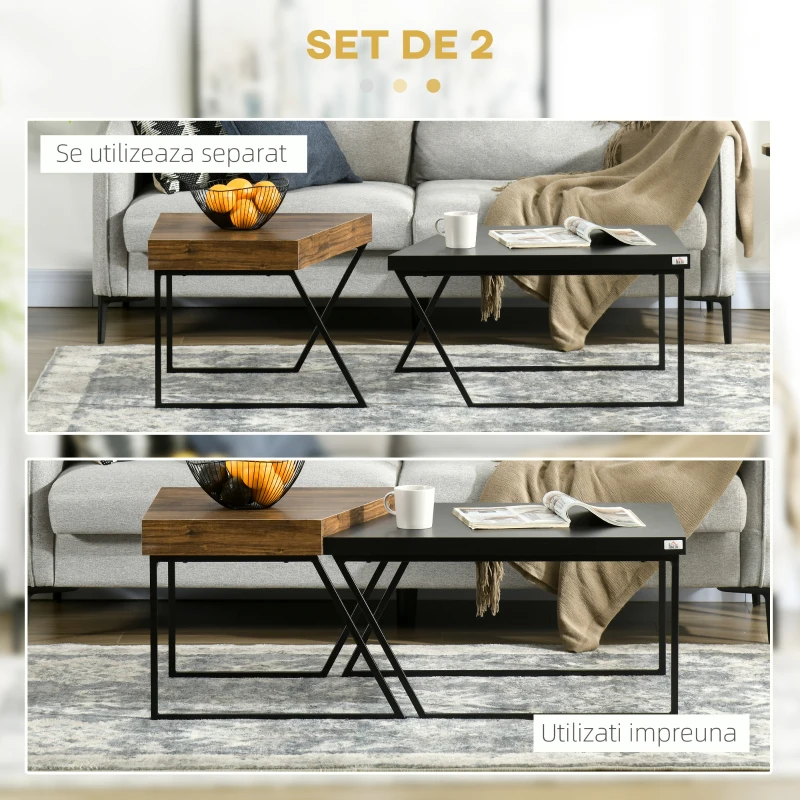 HOMCOM Set 2 Masute de Cafea din PAL si Otel in Stil Industrial, Masa Neagra 80x60x42 cm si Masa Maro 60x60x46 cm