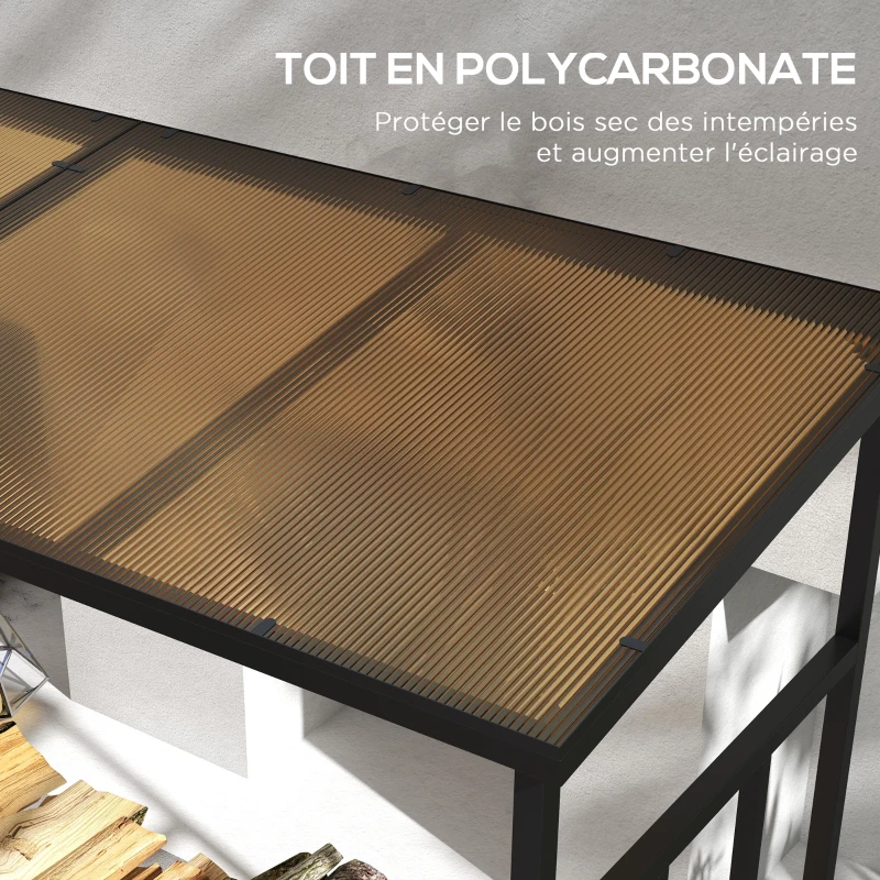 Outsunny Abri-bûches support pour bois de chauffage range-bûches en métal et polycarbonate 185 x 67 x 185 cm noir