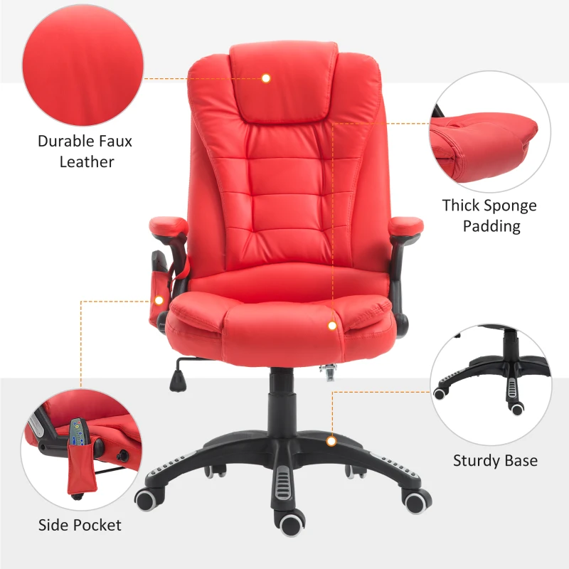 HOMCOM 6-Point Massage Office Chair with Seat Heated for Home Office, PU Leather High Back Executive Desk Chair with Adjustable Height and 360° Swivel for Work Study, Red