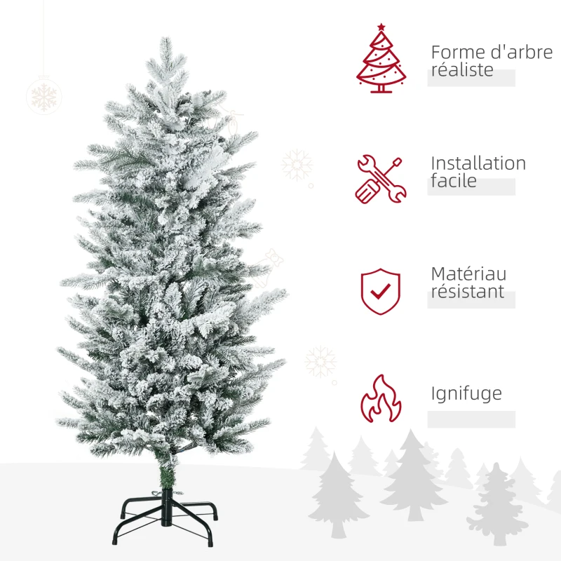 HOMCOM Sapin de Noël artificiel, pin naturel enneigé 267 branches de neige ouverture automatique base en acier 135 cm vert