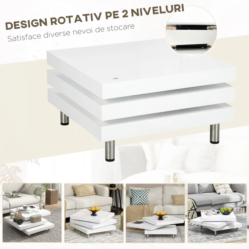 HOMCOM Masuta de Cafea pentru Salon si Camera de Zi, cu 3 Niveluri din MDF cu 2 Blaturi Rotative, 60x60x33.5 cm, Alb Lucios