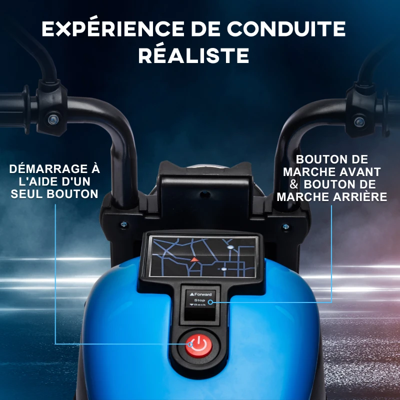 HOMCOM Moto électrique pour enfants 3 km/h 6V avec phare LED 2 roues d'entraînement de 18 à 36 mois avec moteur puissant bleu
