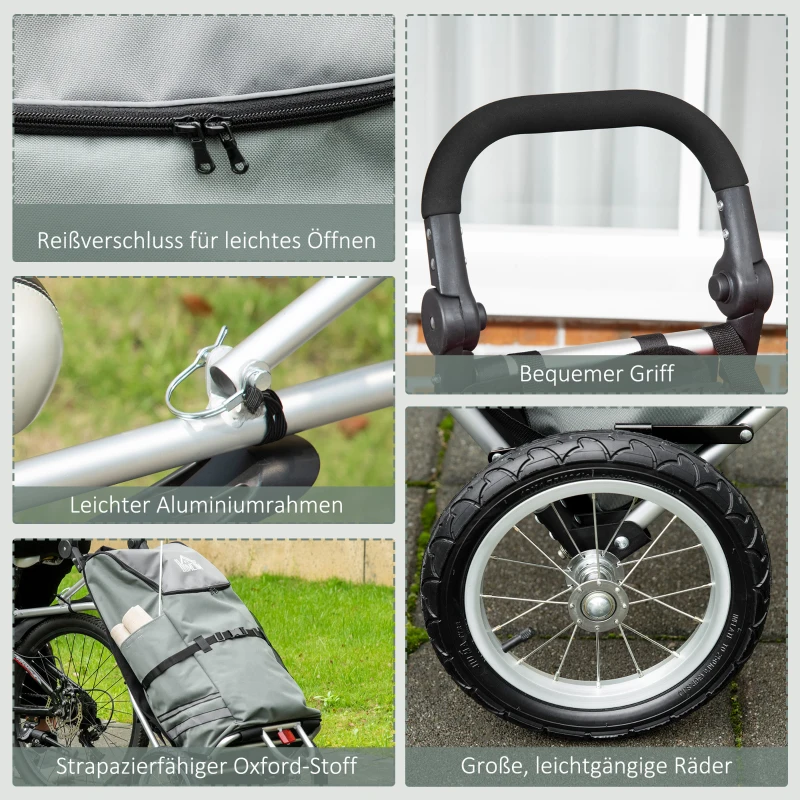 HOMCOM 3-in-1 Boodschappentrolley Winkelwagen Fietsaanhanger Steekwagen, 53 x 43 x 110cm, Grijs+Zilver(m-8)