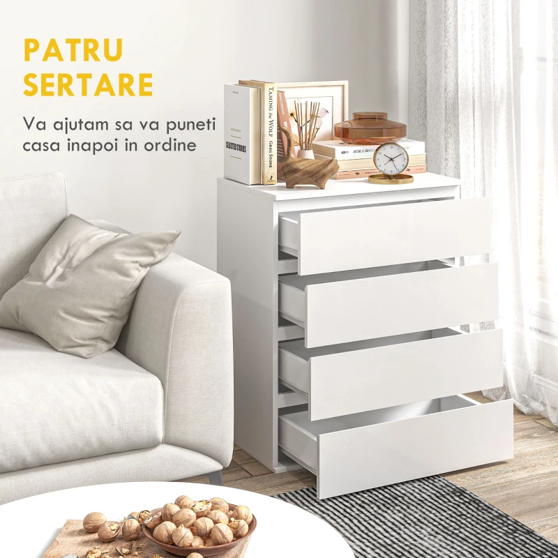 HOMCOM Comodă cu 4 Sertare, Organizator de Depozitare cu Ghidaje Metalice și Mânere cu Caneluri, 60x40x80 cm, Alb(m-5)
