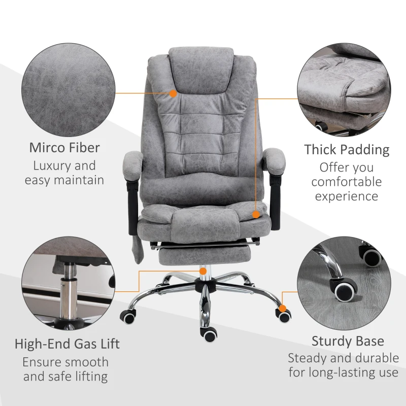 Vinsetto Office Chair with 6 Point Massage and Back Heat, Microfiber Desk Chair with Footrest Adjustable Height and Swivel Wheels, Back Reclining, Grey