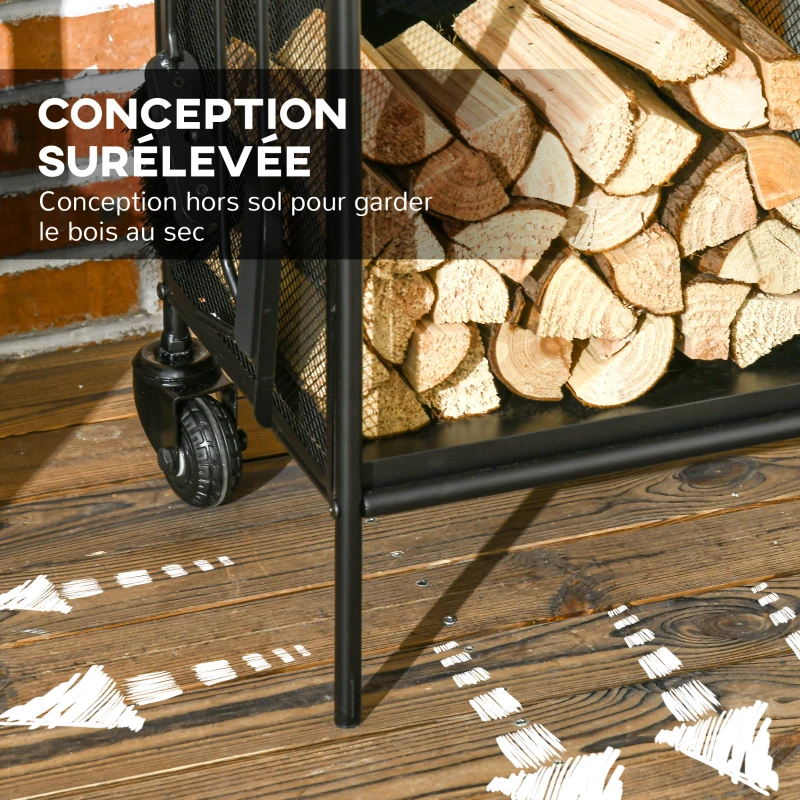 Outsunny Range-bûches porte bûches sur roulettes avec accessoires pelle balai et tisonnier 37,5 x 37,5 x 80 cm noir