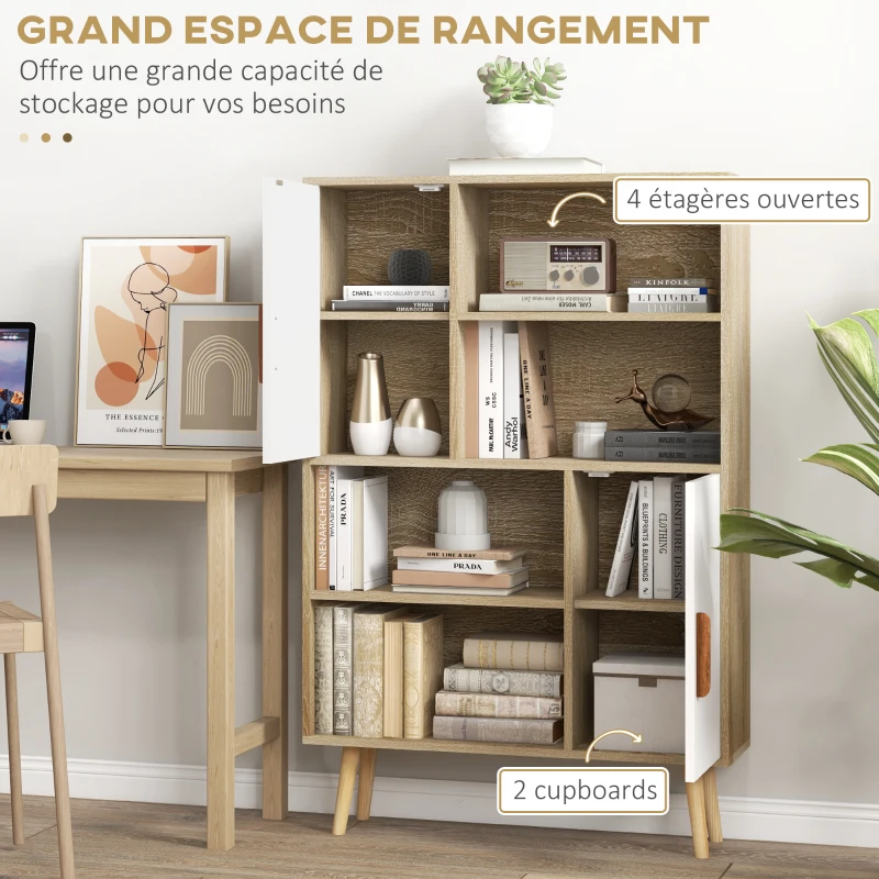 HOMCOM Bibliothèque scandinave 4 niches + 2 placards avec étagère dim. 80L x 24l x 123H cm Pieds effilés inclinés Bois Massif Chêne