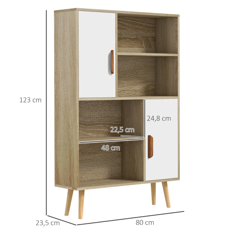HOMCOM Bibliothèque scandinave 4 niches + 2 placards avec étagère dim. 80L x 24l x 123H cm Pieds effilés inclinés Bois Massif Chêne