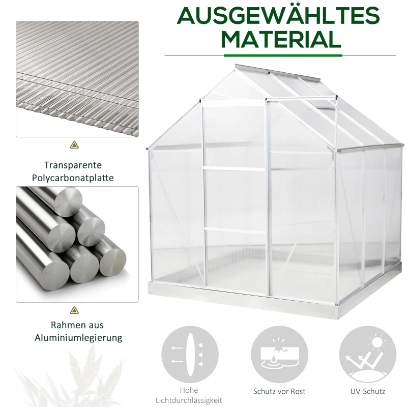 Outsunny Aluminium Gewächshaus Gartenhaus mit Fenster Tür 193 x 190 x 205 cm 3,6㎡ Pflanzenhaus inkl. Fundament Treibhaus Tomatenhaus UV-, Witterungsbeständig