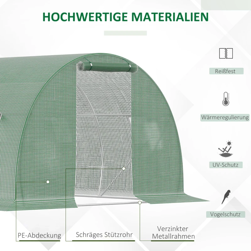 Outsunny Foliengewächshaus begehbares Polytunnel 4,5 x 3 m Gewächshaus mit 6 Fenster Treibhaus Frostschutz Stahlrohr Dunkelgrün