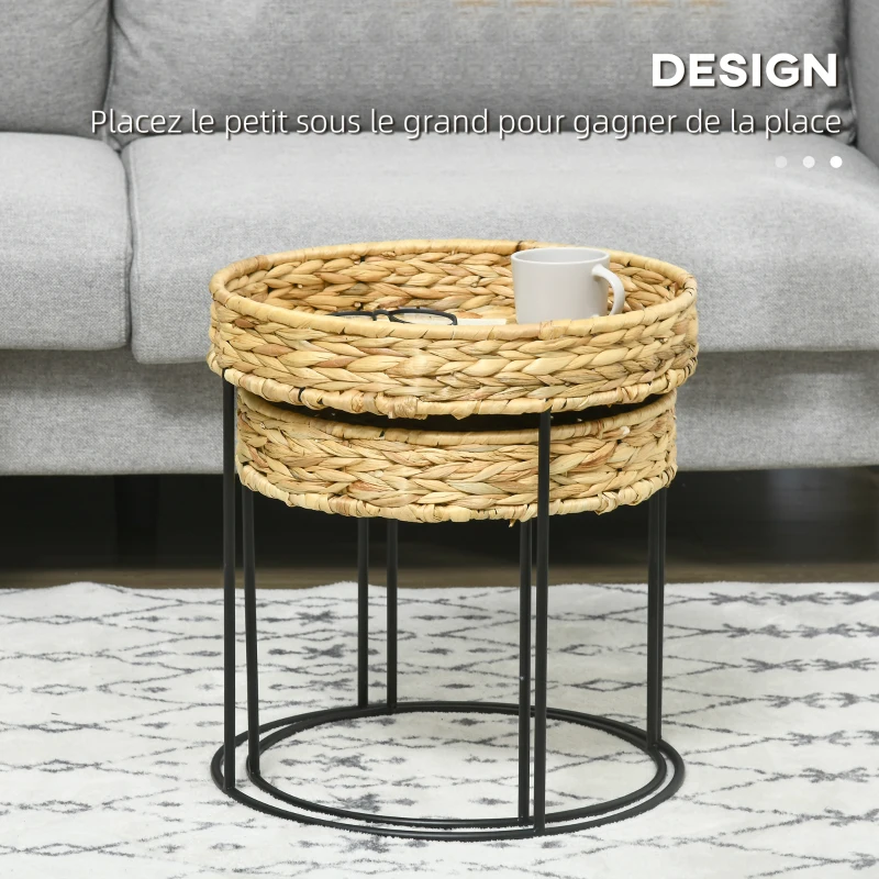 HOMCOM Lot de 2 tables gigognes tables basses rondes style bohème plateau en jacinthe d'eau tressée et pied rond en acier noir