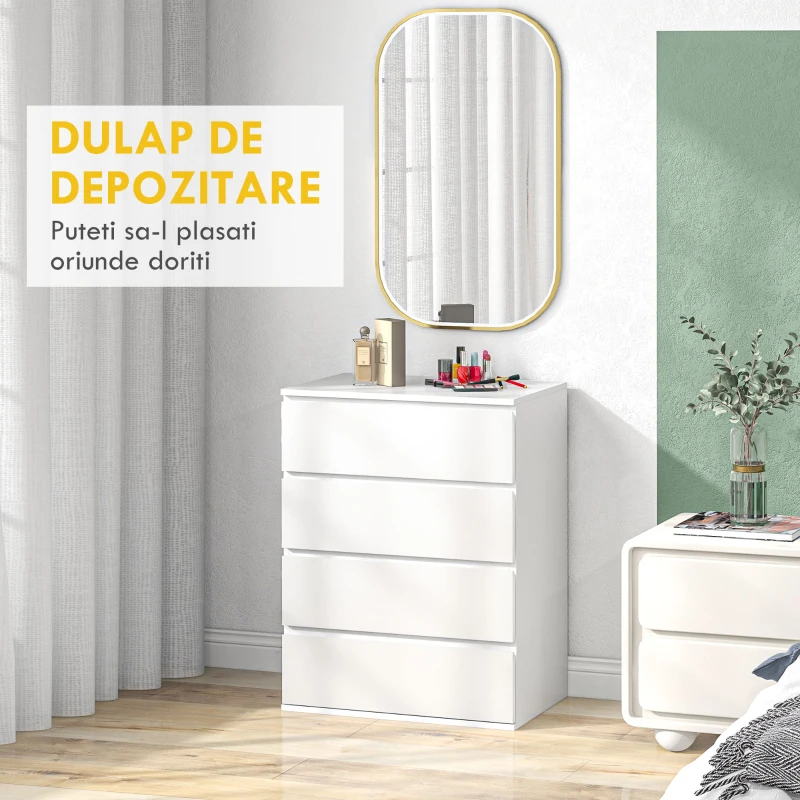 HOMCOM Comodă cu 4 Sertare, Organizator de Depozitare cu Ghidaje Metalice și Mânere cu Caneluri, 60x40x80 cm, Alb(m-4)