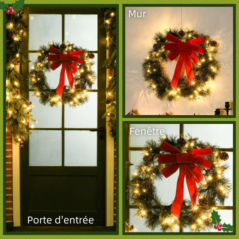 HOMCOM Couronne de Noël artificielle 60 cm, 50 LED avec 8 pommes de pin et 1 nœud ruban rouge