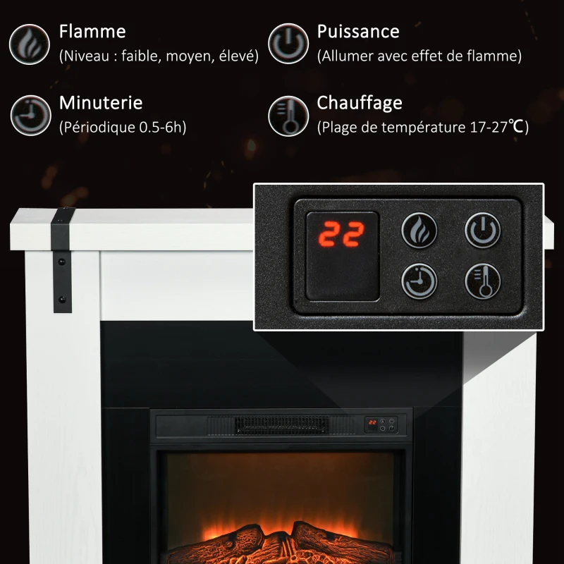 HOMCOM Cheminée électrique 1800 W effet flamme luminosité réglable sur 3 niveaux avec télécommande minuterie blanc