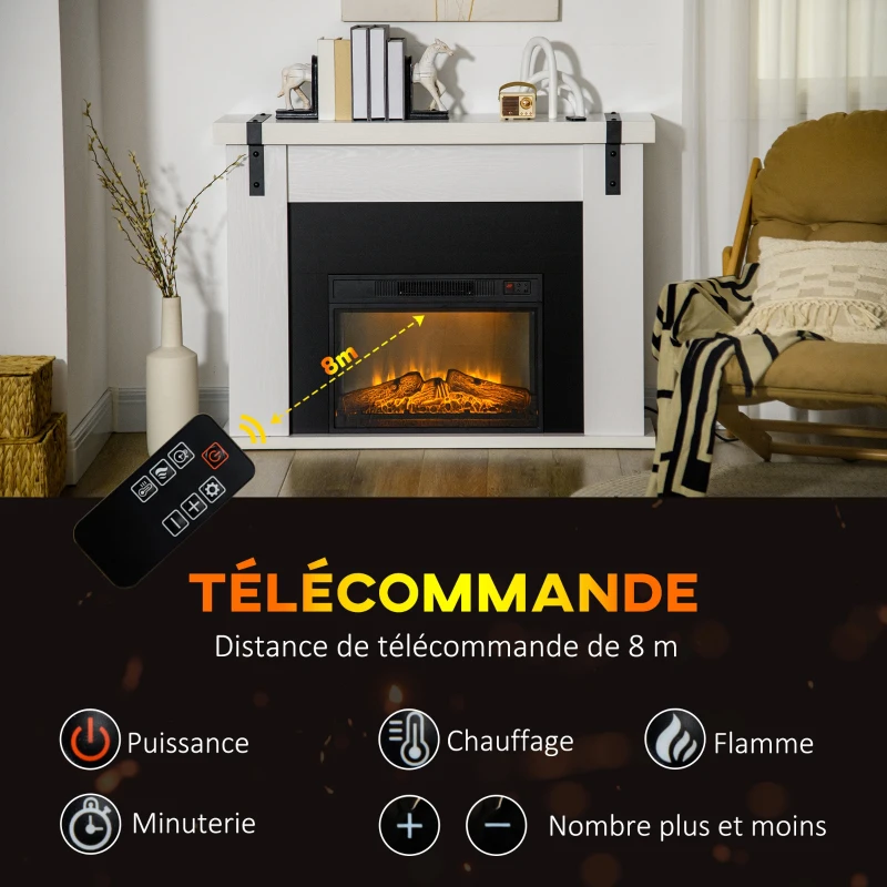 HOMCOM Cheminée électrique 1800 W effet flamme luminosité réglable sur 3 niveaux avec télécommande minuterie blanc