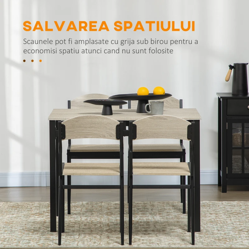 HOMCOM Set de masa din 5 Piese cu 1 masa dreptunghiulara 100x63x76.5 cm si 4 Scaune 45x40x82 cm, din otel si MDF, Negru si lemn natural