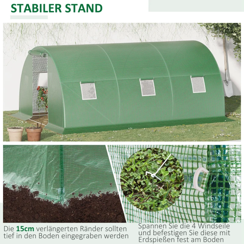 Outsunny Foliengewächshaus begehbares Polytunnel 4,5 x 3 m Gewächshaus mit 6 Fenster Treibhaus Frostschutz Stahlrohr Dunkelgrün