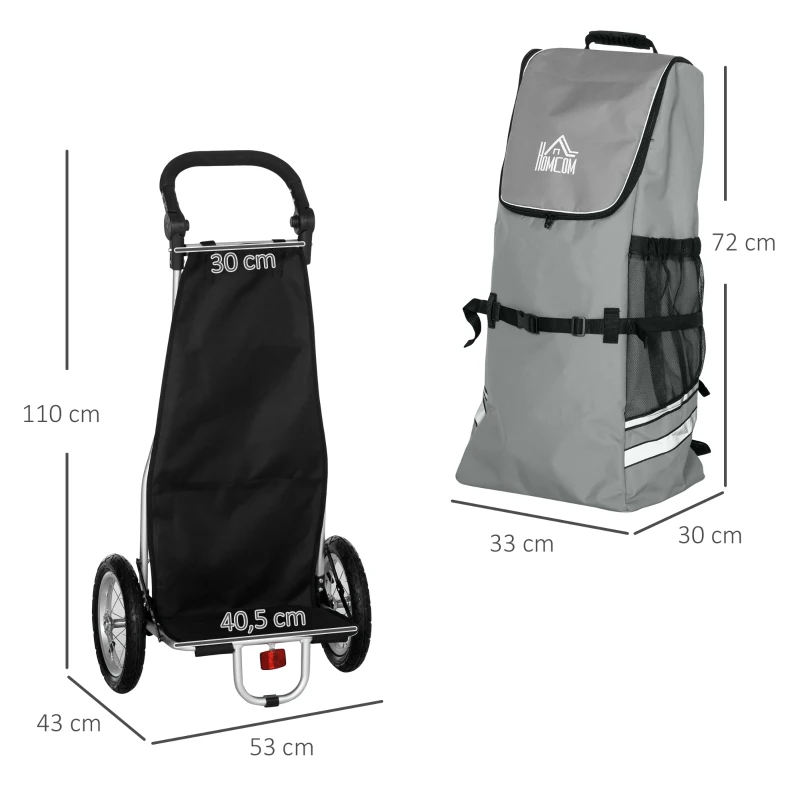 HOMCOM 3-in-1 Boodschappentrolley Winkelwagen Fietsaanhanger Steekwagen, 53 x 43 x 110cm, Grijs+Zilver(m-3)