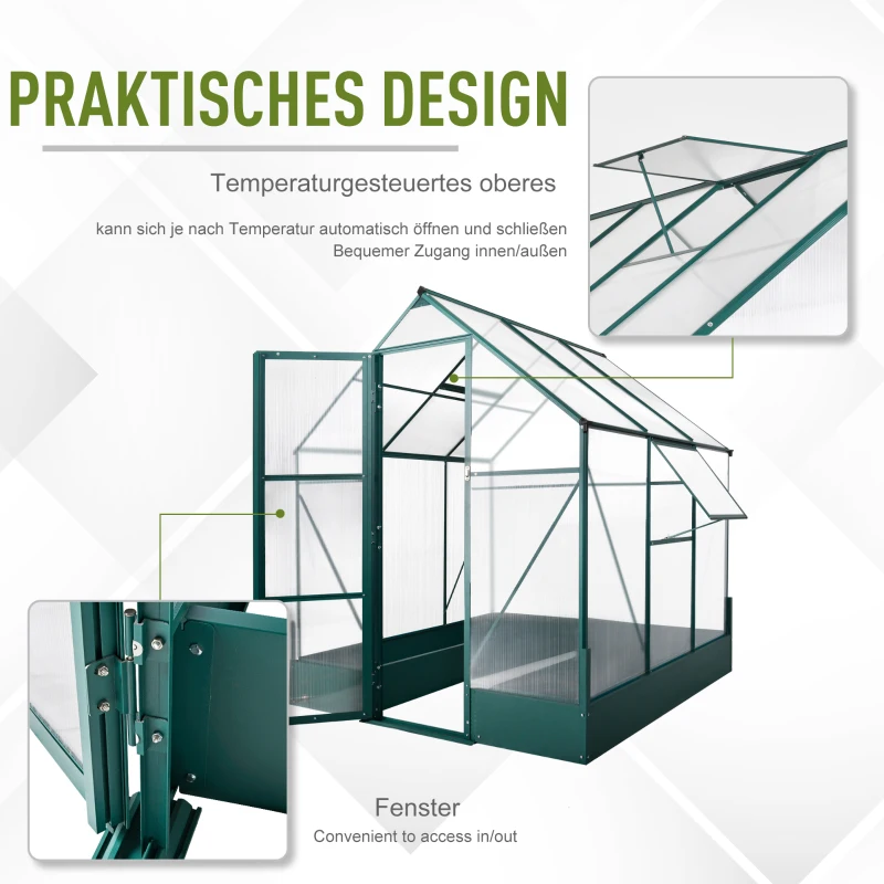 Outsunny Gewächshaus mit Lüftungsautomatik, Polycarbonatgehäuse, grün+transparent, 190 x 190 x 220 cm