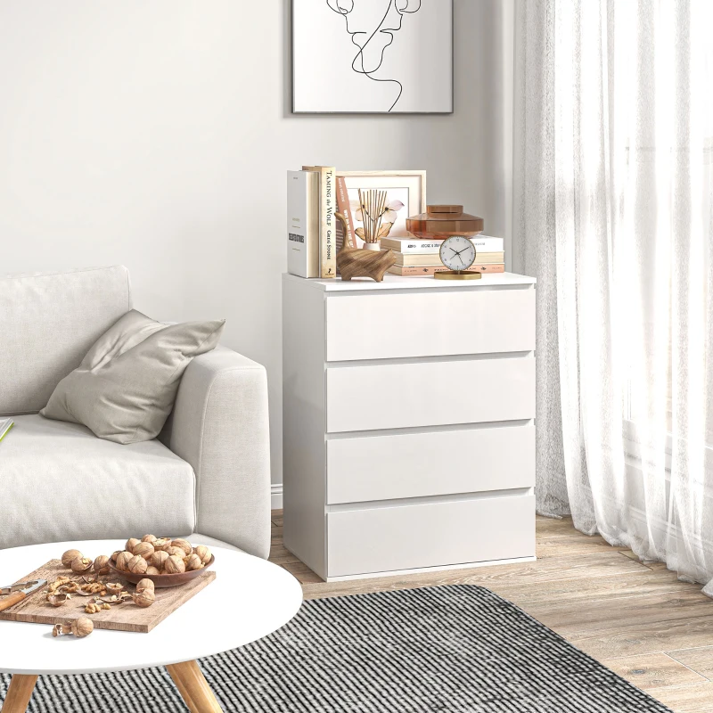 HOMCOM Comodă cu 4 Sertare, Organizator de Depozitare cu Ghidaje Metalice și Mânere cu Caneluri, 60x40x80 cm, Alb(m-7)