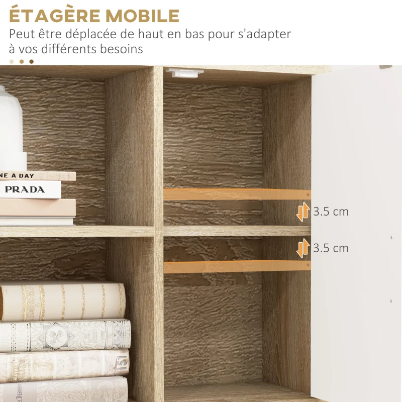 HOMCOM Bibliothèque scandinave 4 niches + 2 placards avec étagère dim. 80L x 24l x 123H cm Pieds effilés inclinés Bois Massif Chêne