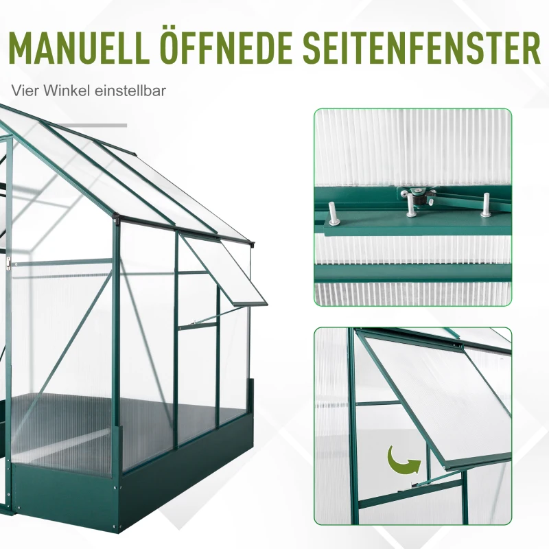Outsunny Gewächshaus mit Lüftungsautomatik, Polycarbonatgehäuse, grün+transparent, 190 x 190 x 220 cm