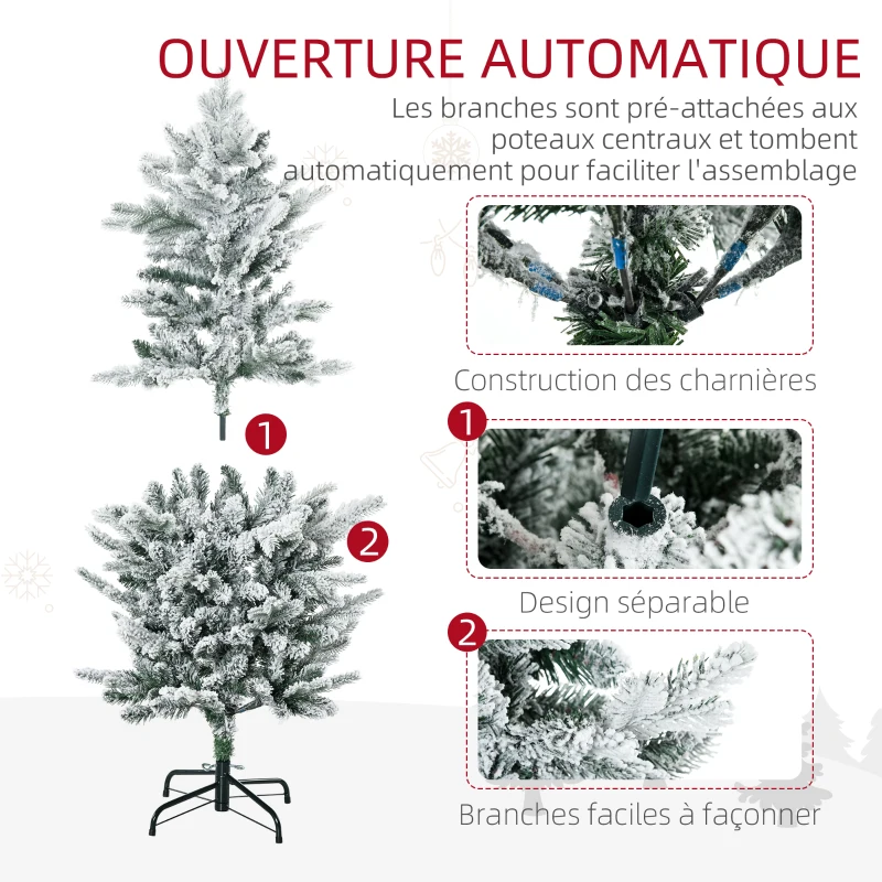 HOMCOM Sapin de Noël artificiel, pin naturel enneigé 267 branches de neige ouverture automatique base en acier 135 cm vert