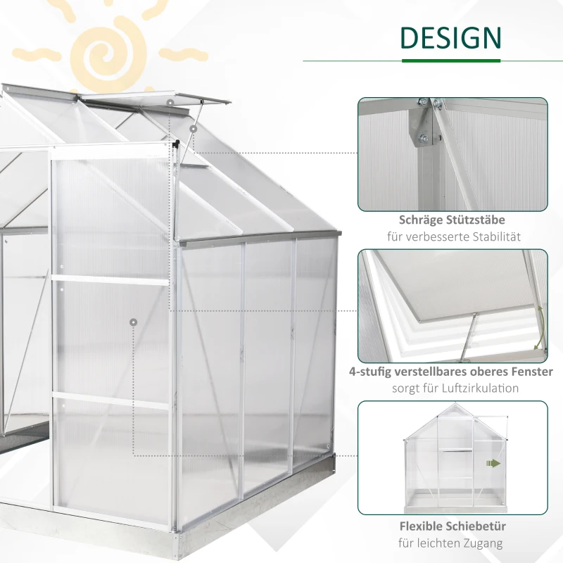 Outsunny Aluminium Gewächshaus Gartenhaus mit Fenster Tür 193 x 190 x 205 cm 3,6㎡ Pflanzenhaus inkl. Fundament Treibhaus Tomatenhaus UV-, Witterungsbeständig