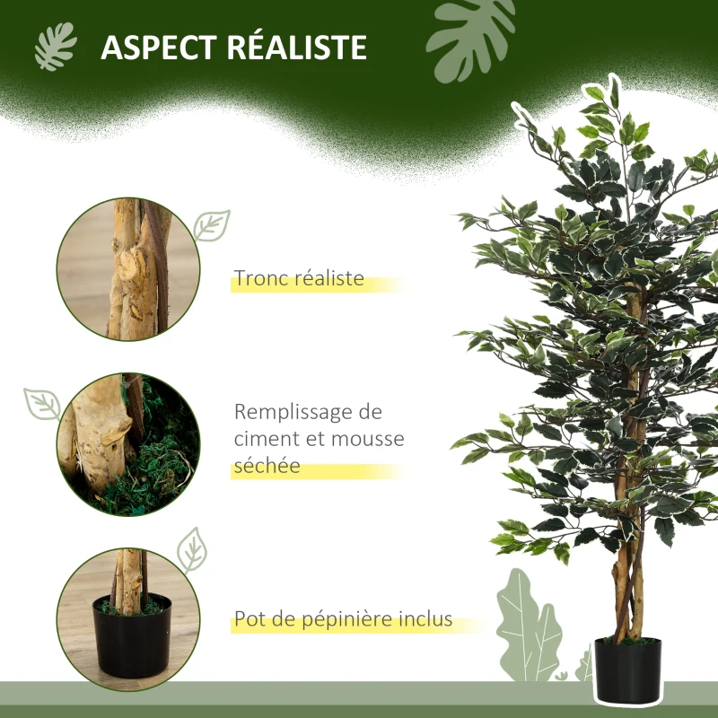 HOMCOM Ficus Artificial com Troncos Planta Artificial com Vaso e 702 Folhas Realistas para Ø15x130 cm Verde