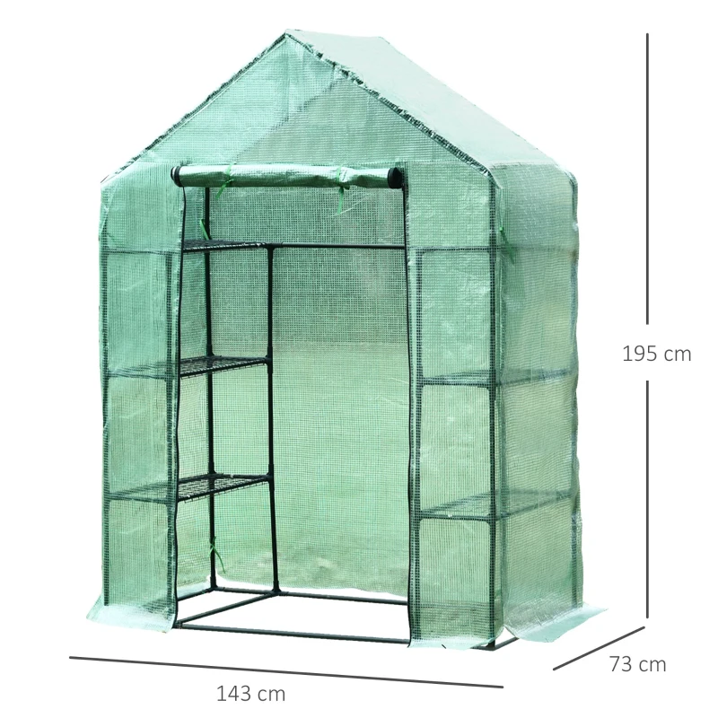 Outsunny Foliengewächshaus begehbares Gewächshaus mit 8 Regalebenen Tomatengewächshaus Treibhaus Frühbeet mit Tür Grün Stahl PE-Kunststoff 143 x 73 x 195 cm