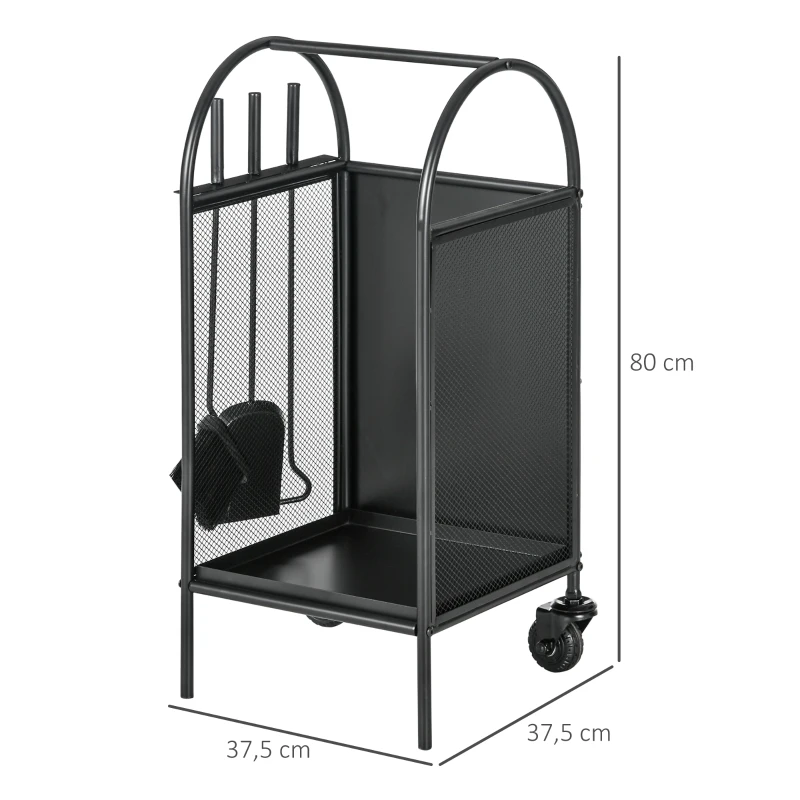 Outsunny Range-bûches porte bûches sur roulettes avec accessoires pelle balai et tisonnier 37,5 x 37,5 x 80 cm noir
