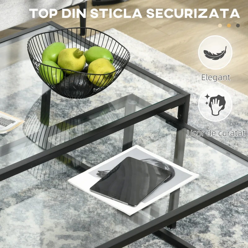 HOMCOM Set de 2 Masute Imbinate, Masa de Cafea din Sticla Stivuibila cu Cadru din Otel pentru Camera de Zi, Negru