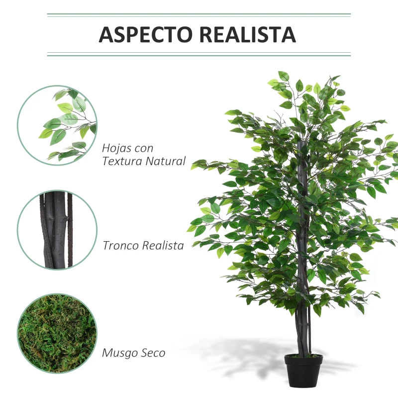 Outsunny Planta Artificial Ficus Artificial de 145 cm con 756 Hojas y Maceta para Decoración Interior Ø20x145 cm Verde