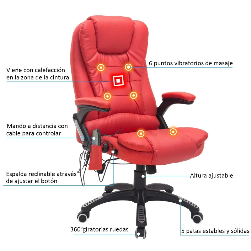 HOMCOM Silla de Oficina y Escritorio Regulable en Altura Reclinable 135° y Función Basculante Con Calefacción y Función Masaje con 5 Programas y 6 Puntos Vibratorios 62x68x111-121cm Hasta 120kg Rojo