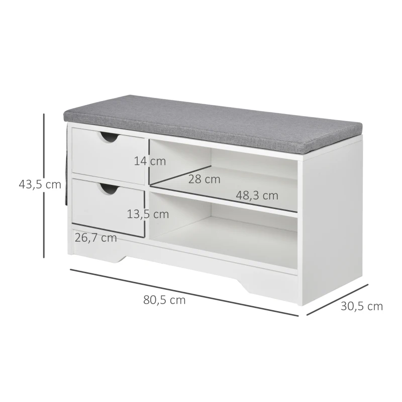 HOMCOM Banco Sapateira com 2 Prateleiras Bolso Almofada Amovível e 2 Gavetas para 4 Pares de Sapatos 80,5x30,5x43,5 cm Branco e Cinza