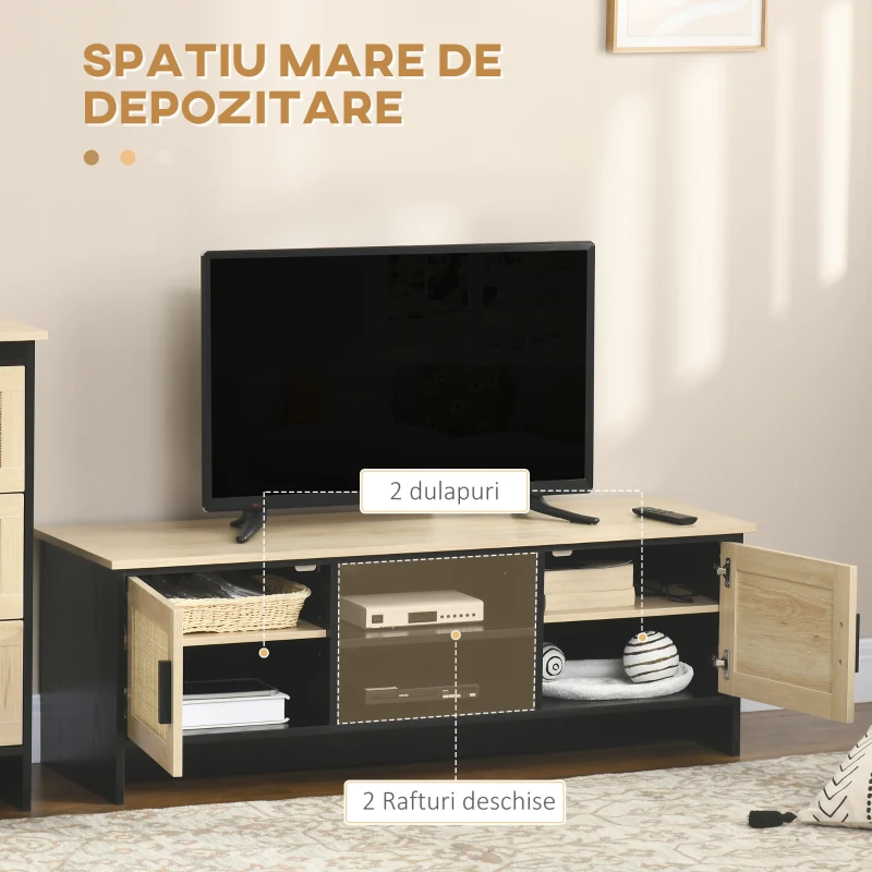 HOMCOM Dulap Suport TV Pana la 60" cu 2 Dulapioare si Rafturi Deschise, Mobilier de Sufragerie Stil Boho cu Insertii de Ratan, 120x40x42 cm