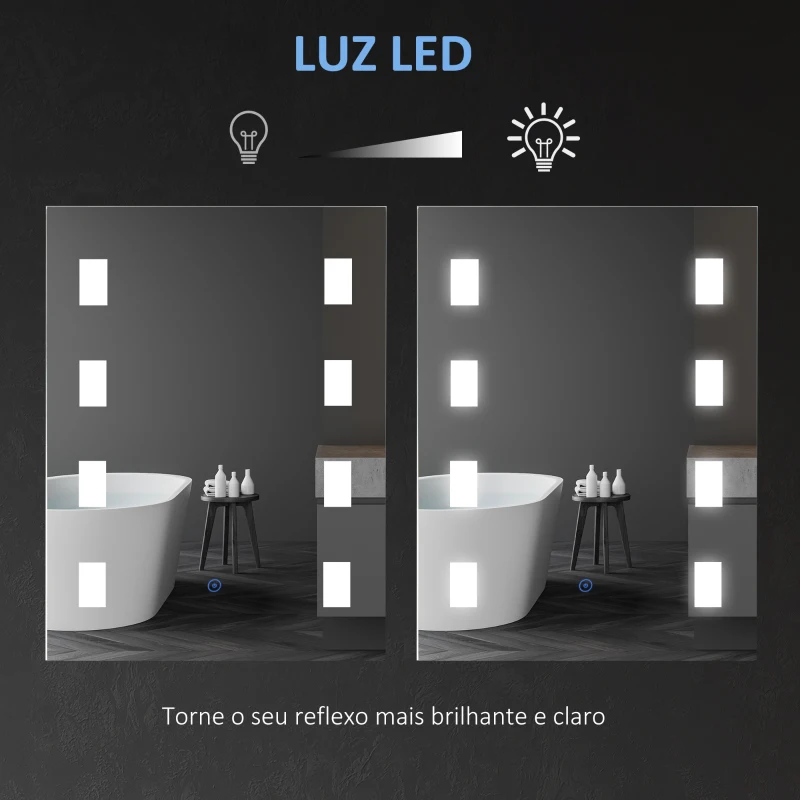 kleankin Espelho Casa de Banho com Luz LED 14,5W com Função Antiembaciamento Interruptor Tátil e Luzes Branco Frio 70x50 cm Prata