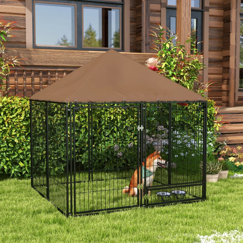 PawHut Parque para Cães com Toldo com Suporte Giratório para Comida 2 Tigelas Incluídas 141x141x151 cm Preto Marrom